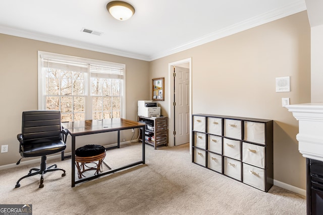 home office featuring light colored carpet and ornamental molding