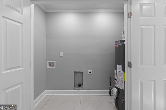 laundry area with electric dryer hookup, water heater, crown molding, hookup for a washing machine, and light tile patterned floors