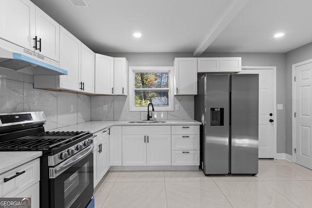 kitchen with backsplash, sink, white cabinetry, and stainless steel appliances