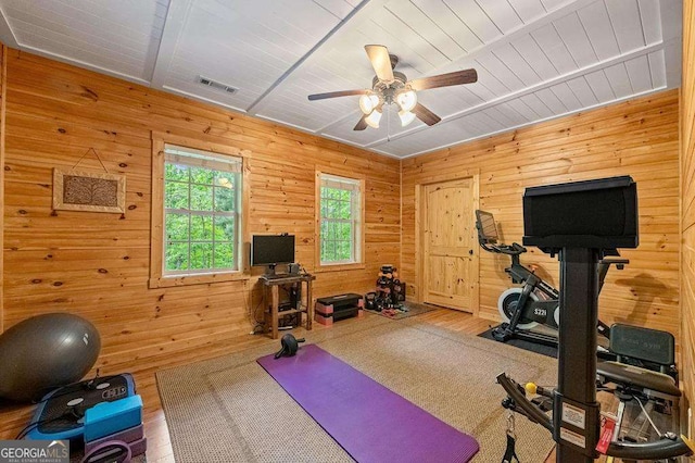 exercise room featuring ceiling fan, wood walls, and wood ceiling