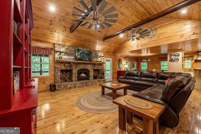 living room featuring wood ceiling, ceiling fan, wooden walls, high vaulted ceiling, and beamed ceiling