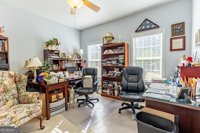 office space featuring ceiling fan