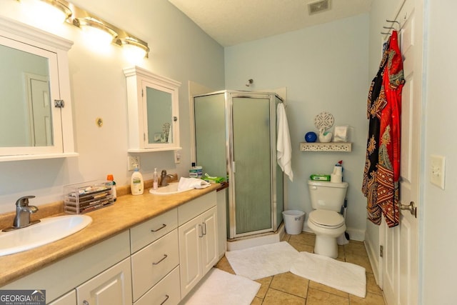 bathroom featuring tile patterned flooring, vanity, toilet, and an enclosed shower