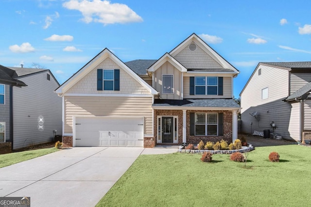 craftsman-style house with a front yard and a garage