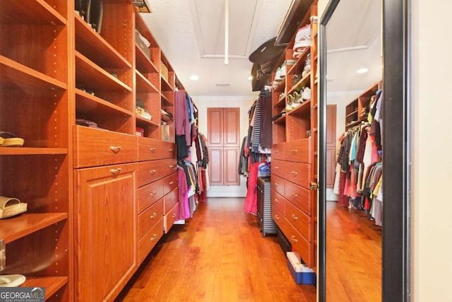 spacious closet featuring light hardwood / wood-style floors