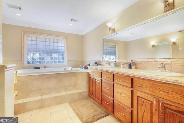 bathroom with vanity, tile patterned flooring, a relaxing tiled tub, ornamental molding, and plenty of natural light