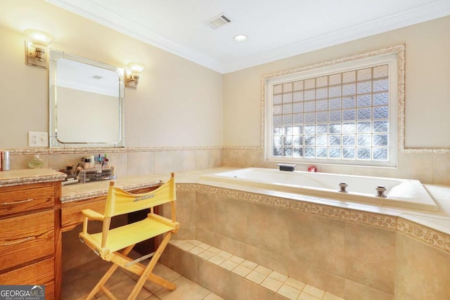 bathroom with tile patterned floors, tiled bath, vanity, and ornamental molding