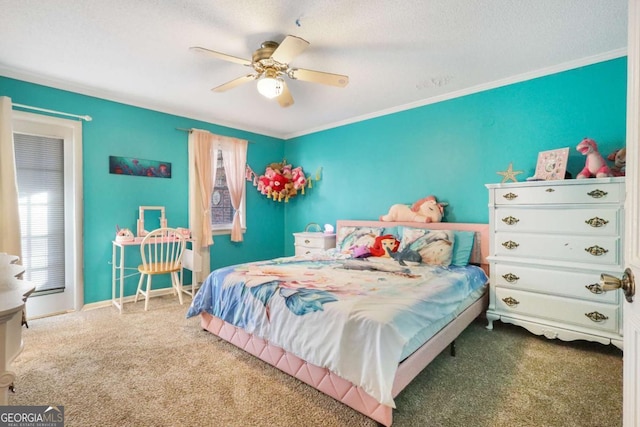 carpeted bedroom with ceiling fan and crown molding