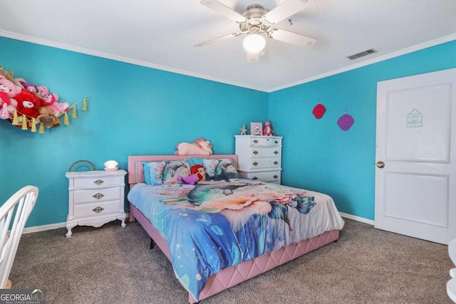 carpeted bedroom with ceiling fan and crown molding