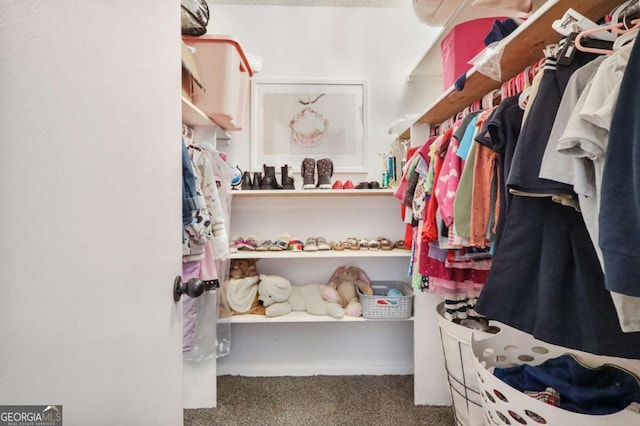 spacious closet with dark colored carpet