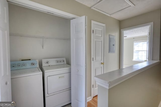 washroom with washing machine and dryer, electric panel, and light hardwood / wood-style flooring