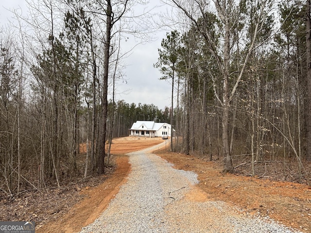 view of street with gravel driveway and a view of trees