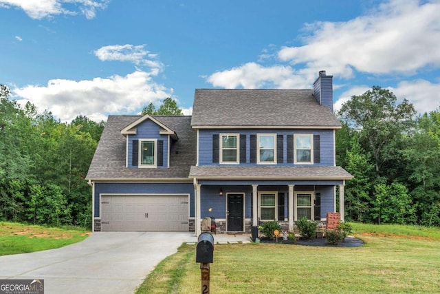 view of front facade featuring a front lawn, covered porch, and a garage