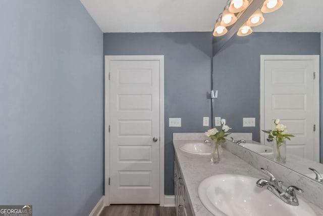 bathroom with vanity and wood-type flooring