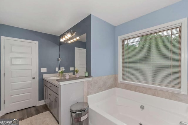 bathroom with a bathtub, vanity, and hardwood / wood-style flooring