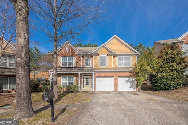 view of front of home featuring driveway, an attached garage, and brick siding