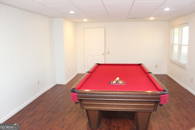 playroom featuring dark hardwood / wood-style flooring, a drop ceiling, and billiards