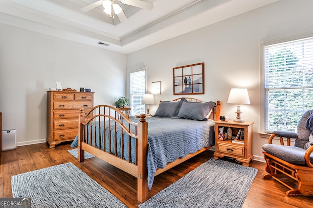 bedroom featuring ceiling fan, a raised ceiling, wood-type flooring, and multiple windows