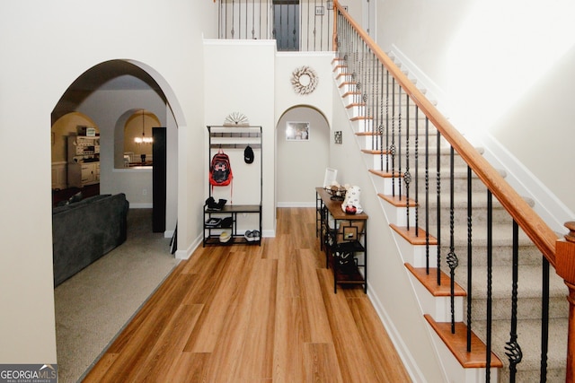 entryway with wood-type flooring and a high ceiling