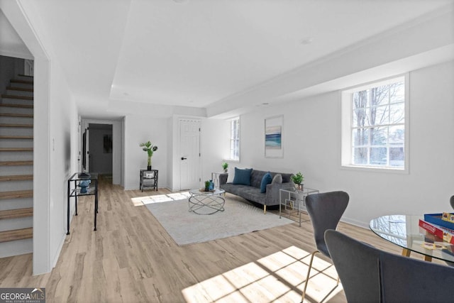 living room featuring light hardwood / wood-style floors and a healthy amount of sunlight