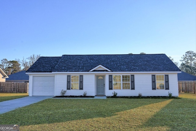 ranch-style house with a garage and a front lawn