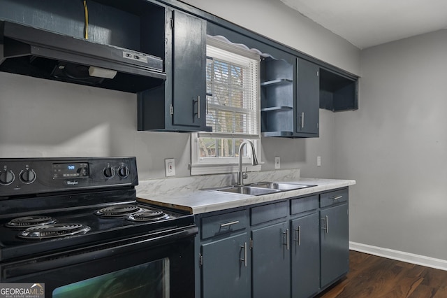 kitchen featuring dark hardwood / wood-style floors, sink, gray cabinetry, exhaust hood, and electric range