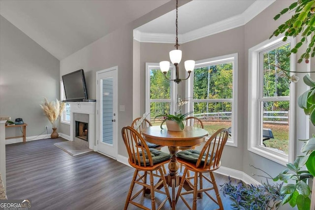 dining room featuring a chandelier, dark wood-type flooring, a healthy amount of sunlight, and lofted ceiling