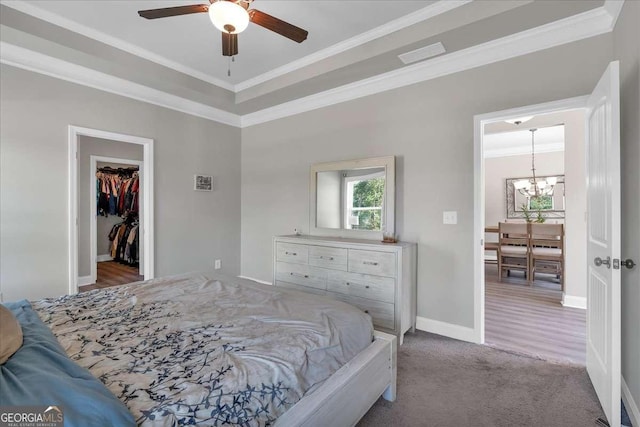 carpeted bedroom featuring a walk in closet, ceiling fan with notable chandelier, a closet, and ornamental molding