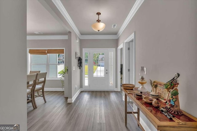 foyer featuring hardwood / wood-style floors, a wealth of natural light, and ornamental molding