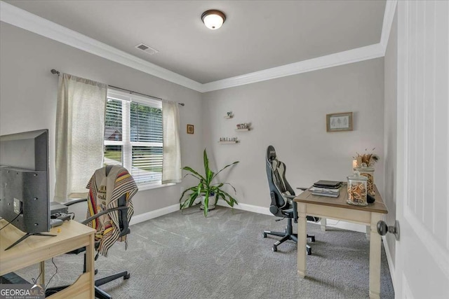 office space with carpet flooring and ornamental molding