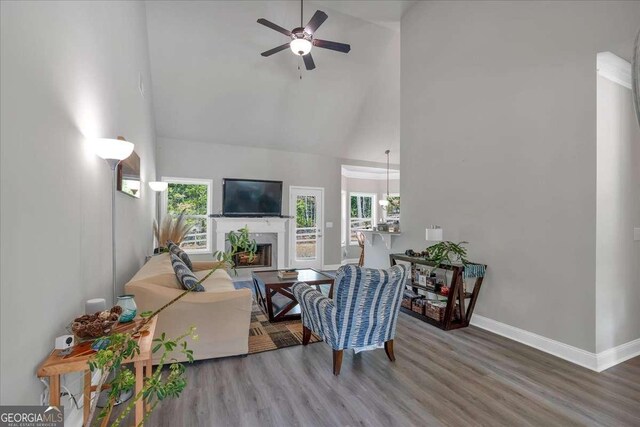 living room featuring hardwood / wood-style floors, plenty of natural light, ceiling fan, and a high ceiling