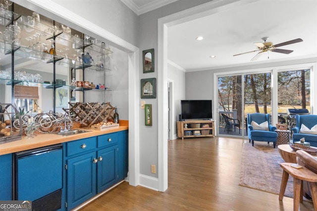 bar with sink, crown molding, ceiling fan, blue cabinetry, and dark hardwood / wood-style flooring