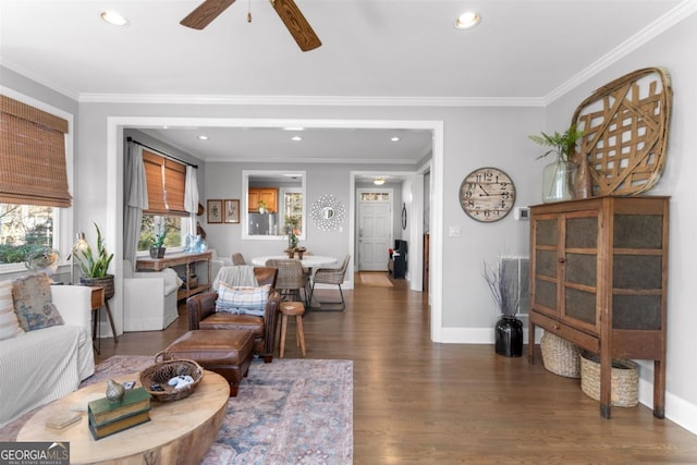 living room featuring ceiling fan, dark hardwood / wood-style floors, and ornamental molding