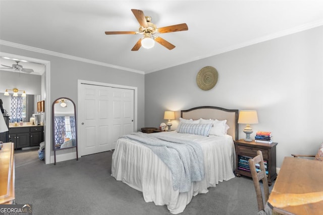 bedroom featuring ceiling fan, dark carpet, crown molding, and a closet