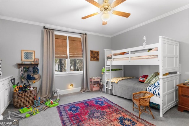 bedroom with ceiling fan, crown molding, and light carpet