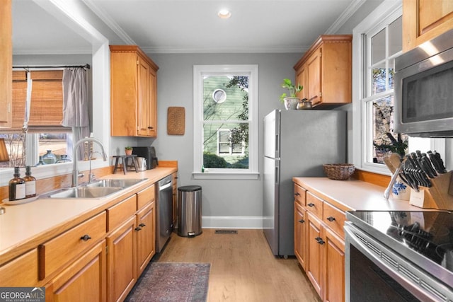 kitchen featuring appliances with stainless steel finishes, light hardwood / wood-style floors, ornamental molding, and sink