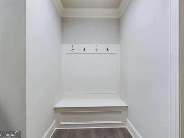 mudroom with crown molding and dark wood-type flooring