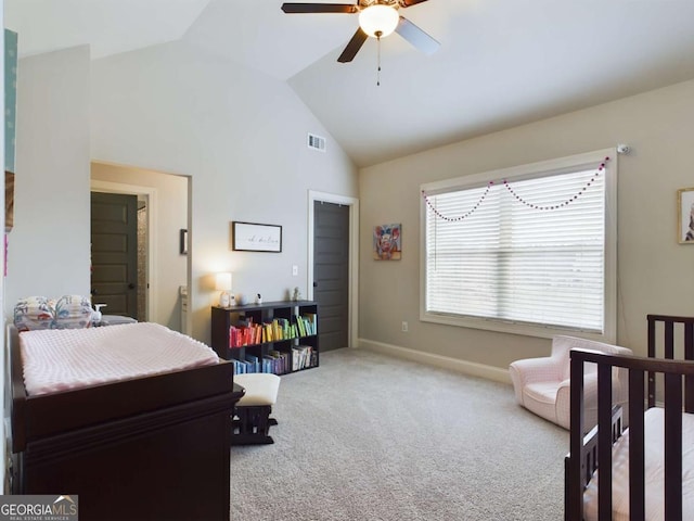 bedroom featuring carpet flooring, ceiling fan, and lofted ceiling