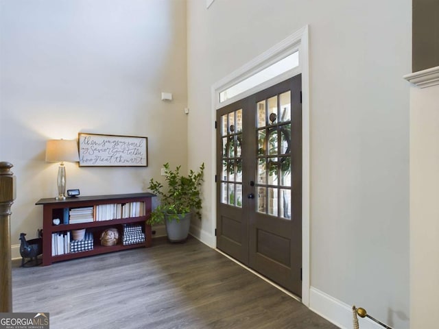 entrance foyer with wood-type flooring, a wealth of natural light, and french doors