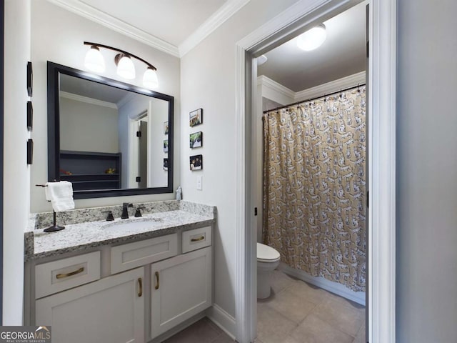 bathroom with vanity, tile patterned floors, toilet, ornamental molding, and curtained shower