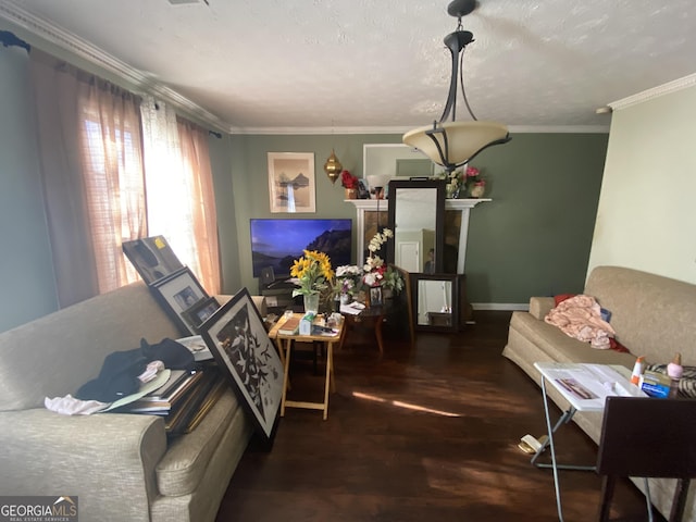 living room featuring dark hardwood / wood-style floors and ornamental molding