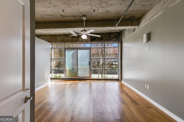 empty room with ceiling fan, expansive windows, and wood-type flooring