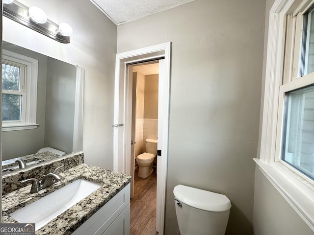 bathroom with hardwood / wood-style flooring, vanity, toilet, and a textured ceiling