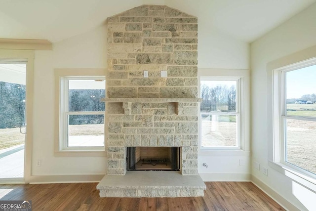 interior details with hardwood / wood-style floors and a fireplace