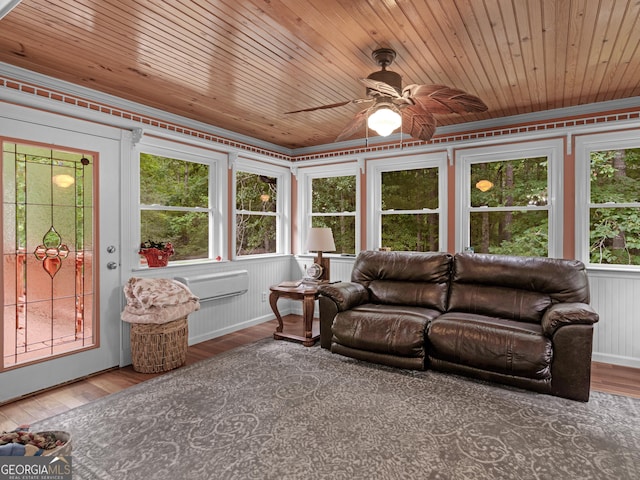 interior space featuring hardwood / wood-style flooring, ceiling fan, and wooden ceiling