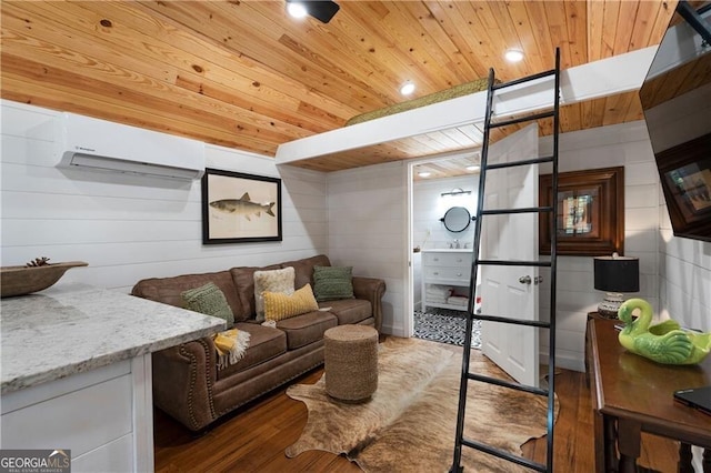 living room with wood ceiling, dark wood-type flooring, and a wall unit AC