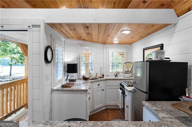 kitchen featuring light stone countertops, sink, a healthy amount of sunlight, stainless steel appliances, and white cabinets