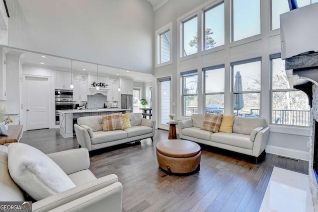 living room featuring sink, a high ceiling, and dark hardwood / wood-style floors