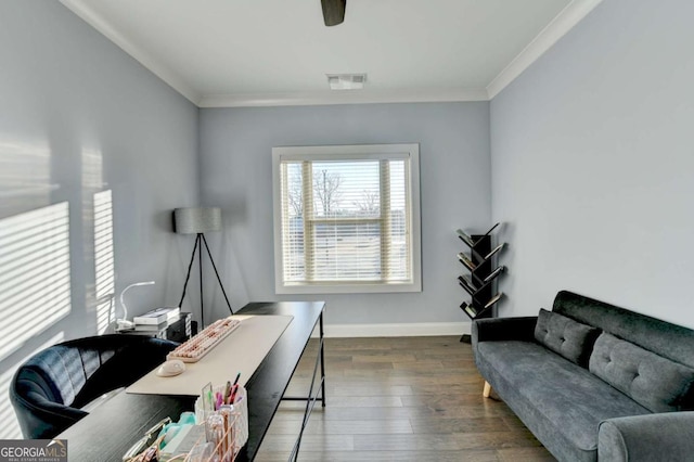 office space with dark hardwood / wood-style floors and ornamental molding