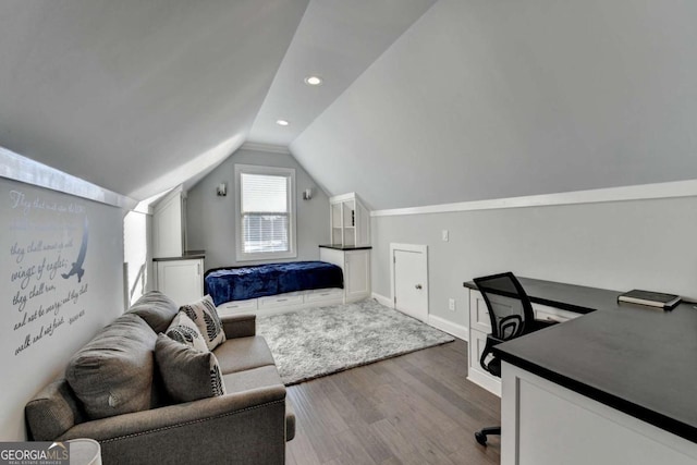 interior space featuring hardwood / wood-style flooring and lofted ceiling